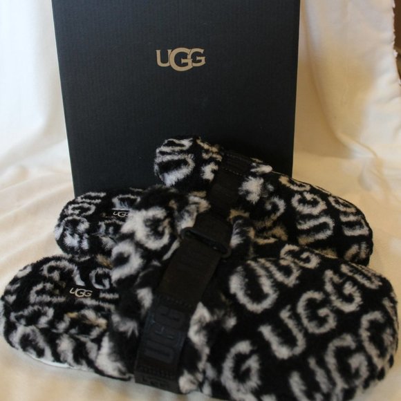 NIB UGG MEN\'S‎ FLUFF IT POP POLO FUR SLIPPERS BLACK WHITE